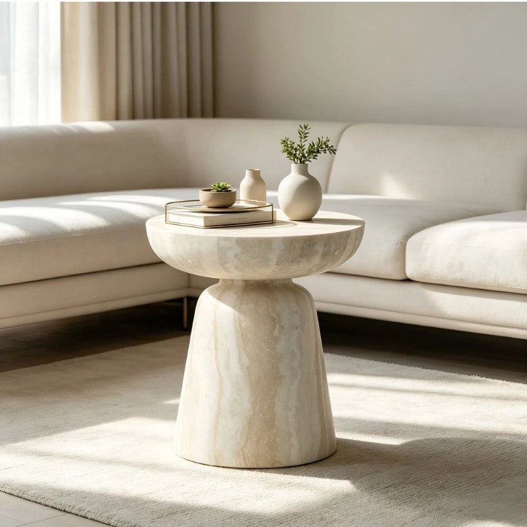 English Elm 21.65''×21.65''×13.78 21.65X21.65x13.78 Round Fiberglass Stone-Print Coffee Table Sculptural Cylinder Base Beige 15.75"×15.75"×17.72" W2085P518020