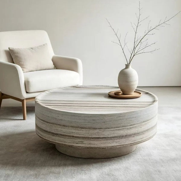 English Elm Round Drum Coffee Table with Stone Look Matte Finish for Modern Minimalist Living Rooms W2085P528809