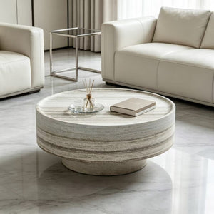 English Elm Round Drum Coffee Table with Stone Look Matte Finish for Modern Minimalist Living Rooms W2085P528809