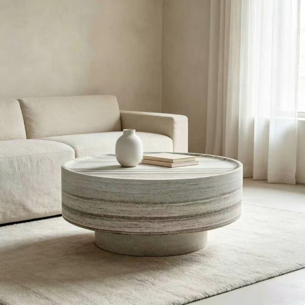English Elm Round Drum Coffee Table with Stone Look Matte Finish for Modern Minimalist Living Rooms W2085P528809