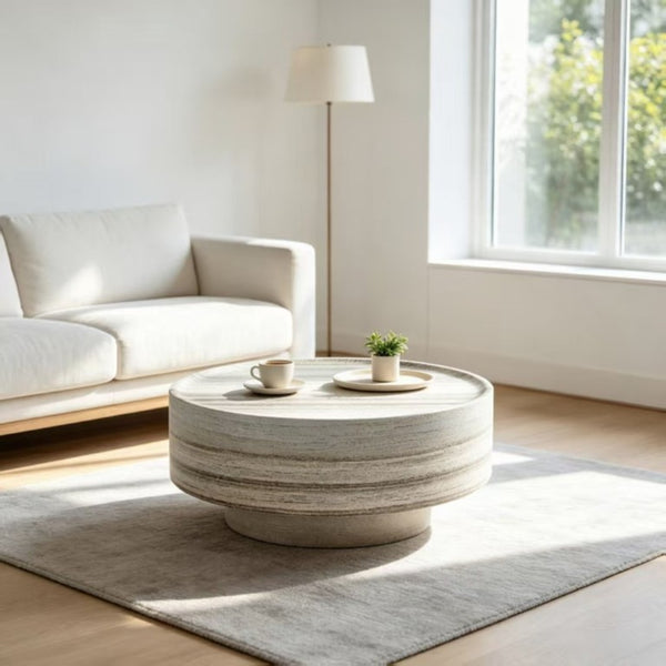 English Elm Round Drum Coffee Table with Stone Look Matte Finish for Modern Minimalist Living Rooms W2085P528809