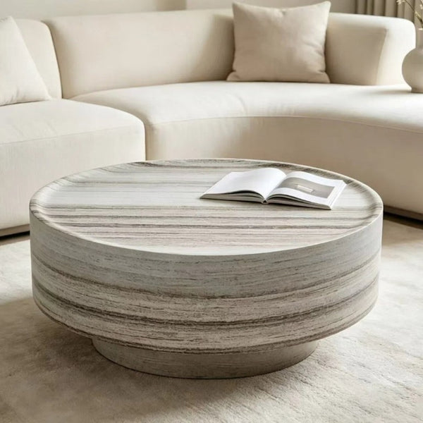 English Elm Round Drum Coffee Table with Stone Look Matte Finish for Modern Minimalist Living Rooms W2085P528809