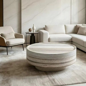 English Elm Round Drum Coffee Table with Stone Look Matte Finish for Modern Minimalist Living Rooms W2085P528809