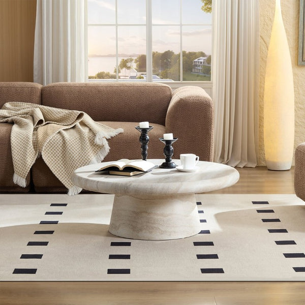 English Elm Modern Round Travertine Coffee Table Low Profile Marble Look for Living Room W2085S00115