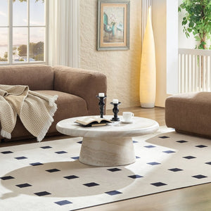 English Elm Modern Round Travertine Coffee Table Low Profile Marble Look for Living Room W2085S00115