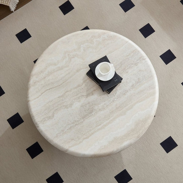 English Elm Modern Round Travertine Coffee Table Low Profile Marble Look for Living Room W2085S00115