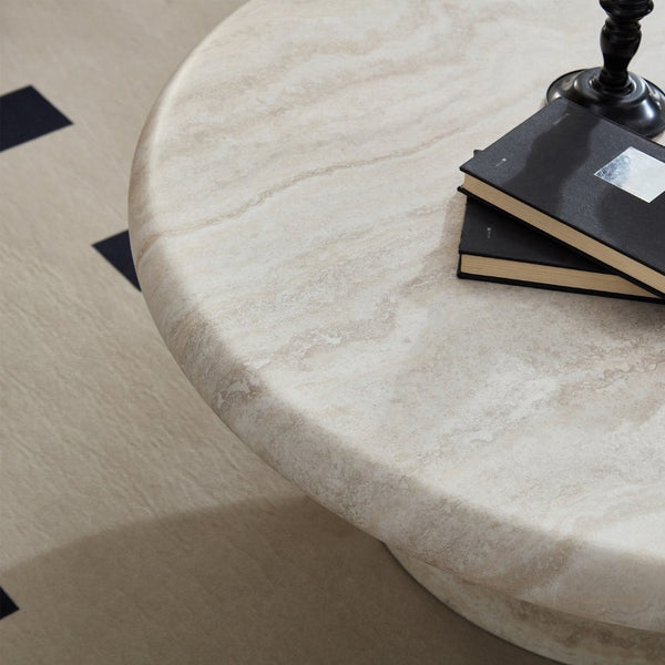 English Elm Modern Round Travertine Coffee Table Low Profile Marble Look for Living Room W2085S00115