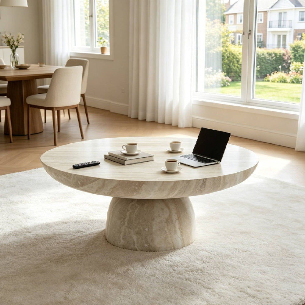 English Elm Charming Round Pedestal Coffee Table with Marble Effect Finish for Modern Living Rooms W2085S00116