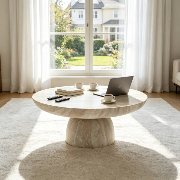 English Elm Charming Round Pedestal Coffee Table with Marble Effect Finish for Modern Living Rooms W2085S00116