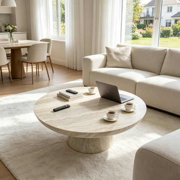English Elm Charming Round Pedestal Coffee Table with Marble Effect Finish for Modern Living Rooms W2085S00116