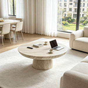 English Elm Charming Round Pedestal Coffee Table with Marble Effect Finish for Modern Living Rooms W2085S00116