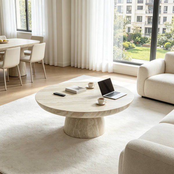 English Elm Charming Round Pedestal Coffee Table with Marble Effect Finish for Modern Living Rooms W2085S00116