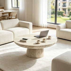 English Elm Charming Round Pedestal Coffee Table with Marble Effect Finish for Modern Living Rooms W2085S00116
