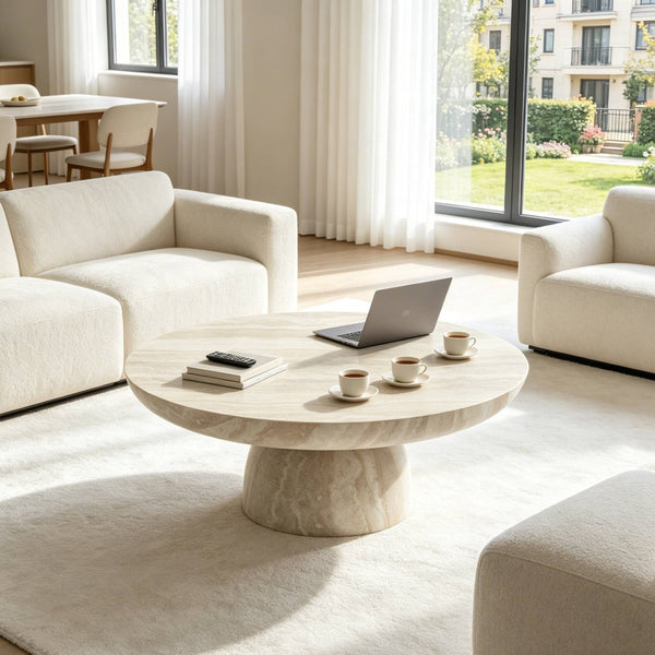 English Elm Charming Round Pedestal Coffee Table with Marble Effect Finish for Modern Living Rooms W2085S00116