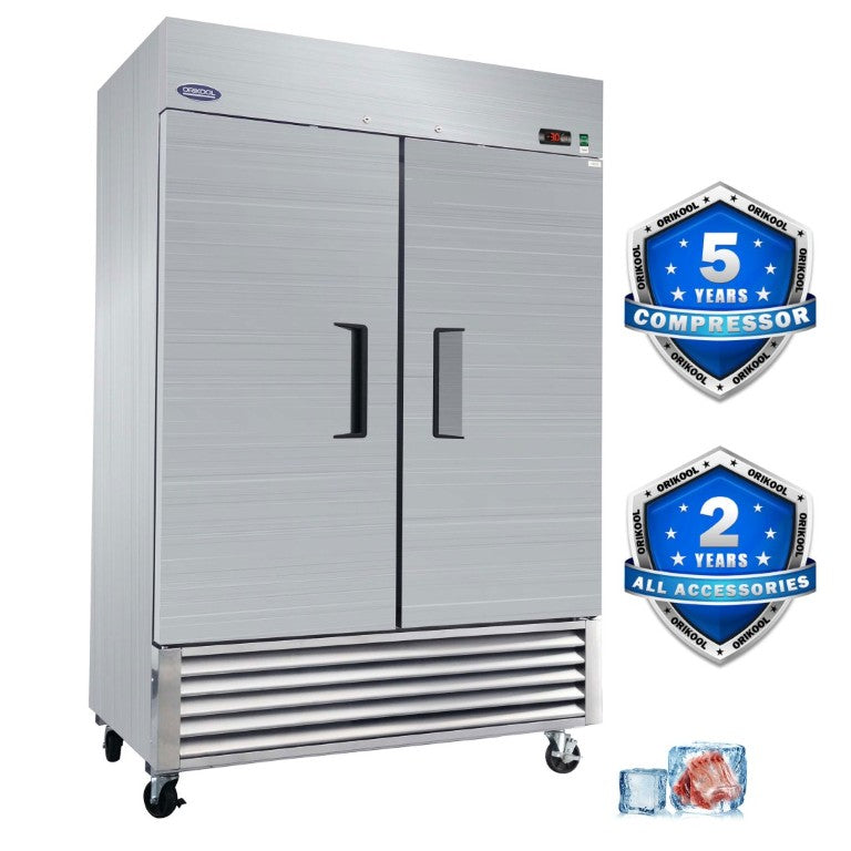 English Elm Orikool 49 Cu Ft Stainless Steel Commercial Reach in Freezer with Dual Solid Doors ETL W2095126112
