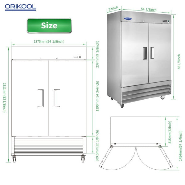 English Elm Orikool 49 Cu Ft Stainless Steel Commercial Reach in Freezer with Dual Solid Doors ETL W2095126112