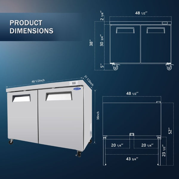 English Elm Orikool 48 Inch Stainless Steel Commercial Undercounter Freezer with Dual Self Closing Doors W2095126118