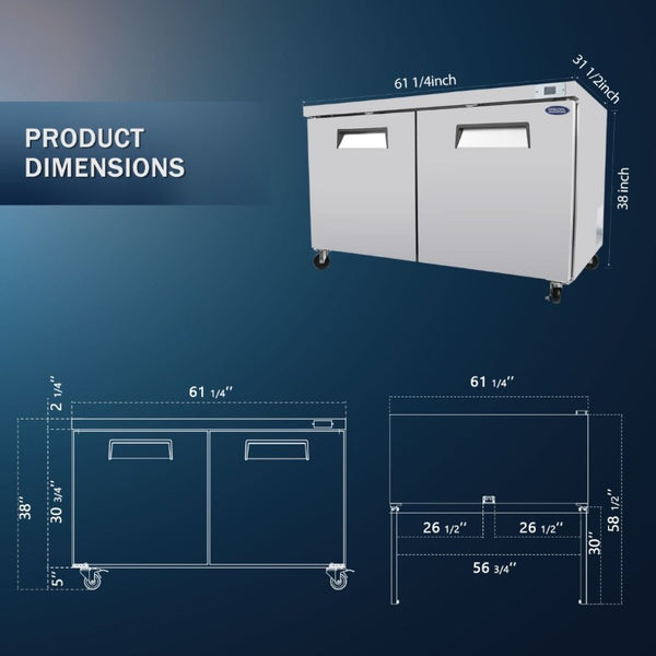 English Elm Orikool 60 Inch Stainless Steel Undercounter Commercial Freezer with Dual Door Worktop W2095126120
