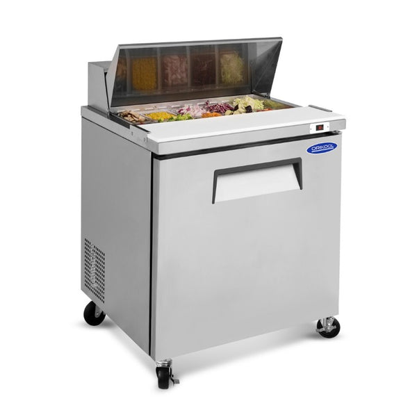 English Elm Orikool 29 Inch Stainless Steel Sandwich Prep Table with Butcher Block and Pan Rail W2095126121