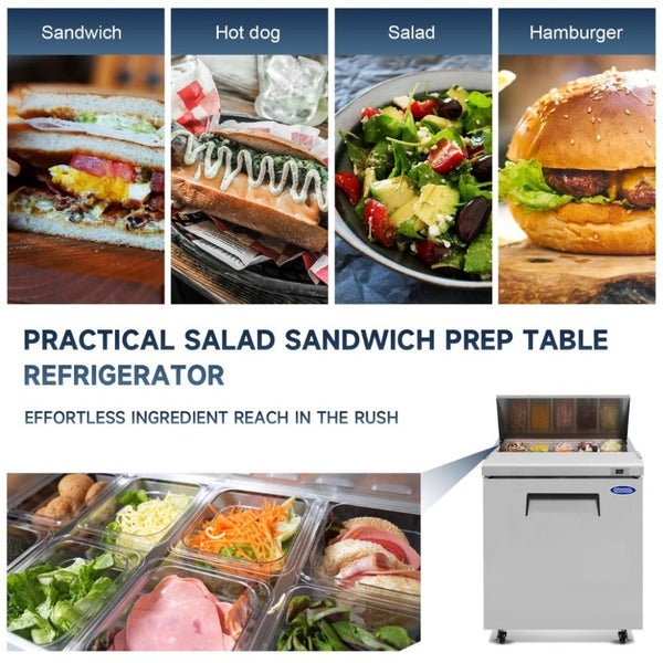 English Elm Orikool 29 Inch Stainless Steel Sandwich Prep Table with Butcher Block and Pan Rail W2095126121