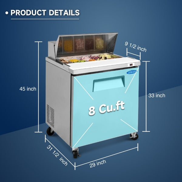 English Elm Orikool 29 Inch Stainless Steel Sandwich Prep Table with Butcher Block and Pan Rail W2095126121