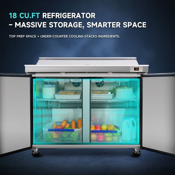 English Elm Orikool 60 Inch Stainless Steel Sandwich Prep Table with Butcher Block and Cold Storage W2095126123