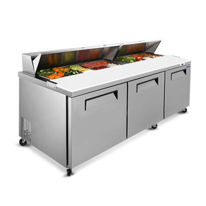 English Elm Orikool 72 Inch Stainless Steel Sandwich Prep Table with Butcher Block and Cold Pan Storage W2095126124