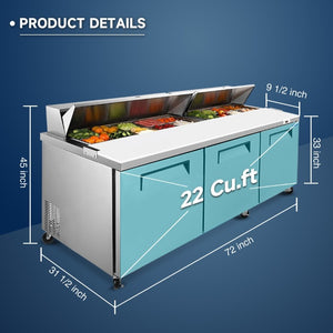 English Elm Orikool 72 Inch Stainless Steel Sandwich Prep Table with Butcher Block and Cold Pan Storage W2095126124