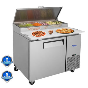 English Elm Orikool 44 Inch Refrigerated Pizza Prep Station with Stainless Steel and Butcher Block Top W2095126125
