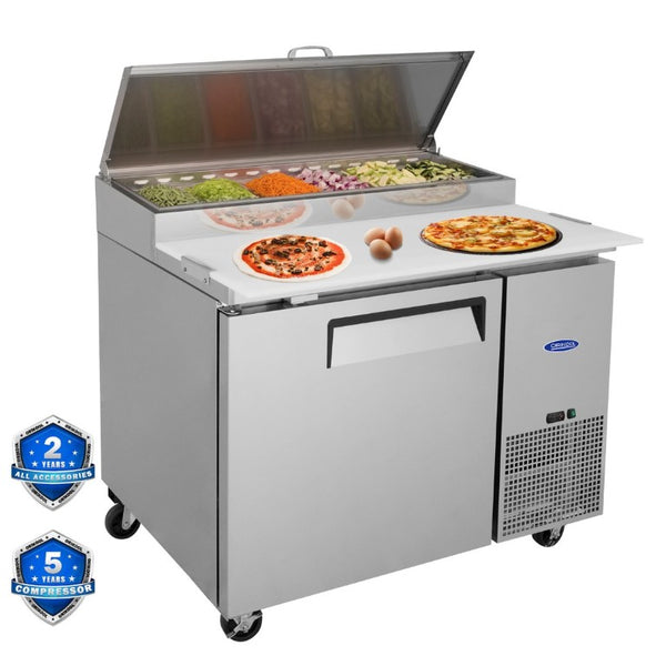 English Elm Orikool 44 Inch Refrigerated Pizza Prep Station with Stainless Steel and Butcher Block Top W2095126125