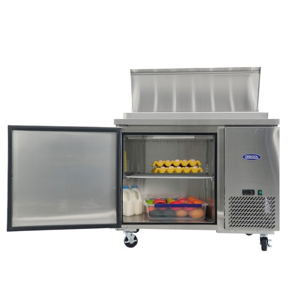 English Elm Orikool 44 Inch Refrigerated Pizza Prep Station with Stainless Steel and Butcher Block Top W2095126125