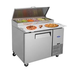 English Elm Orikool 44 Inch Refrigerated Pizza Prep Station with Stainless Steel and Butcher Block Top W2095126125
