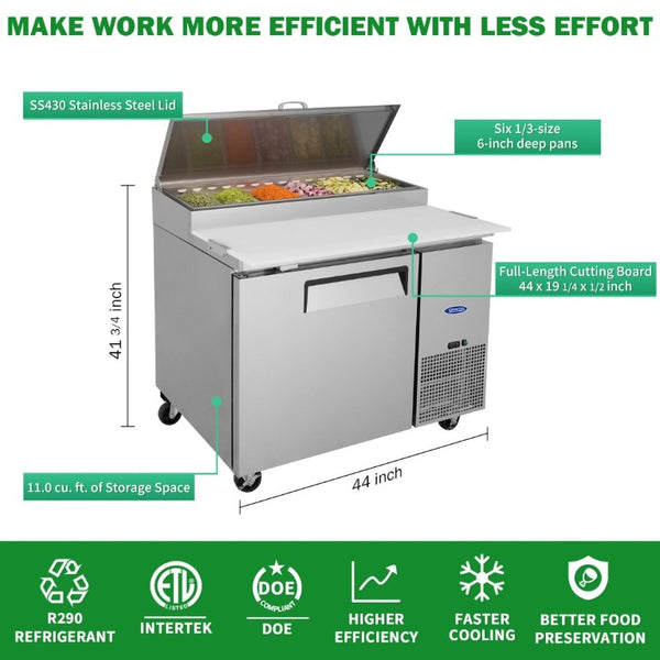 English Elm Orikool 44 Inch Refrigerated Pizza Prep Station with Stainless Steel and Butcher Block Top W2095126125
