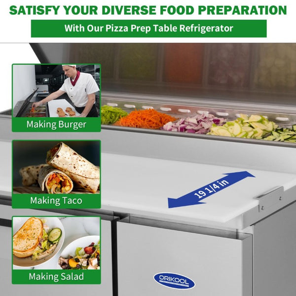 English Elm Orikool 44 Inch Refrigerated Pizza Prep Station with Stainless Steel and Butcher Block Top W2095126125