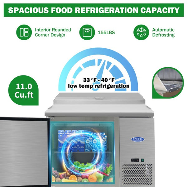 English Elm Orikool 44 Inch Refrigerated Pizza Prep Station with Stainless Steel and Butcher Block Top W2095126125