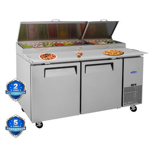 English Elm Orikool 67 Inch Refrigerated Pizza Prep Table with Butcher Block Top and Cold Rail W2095126126