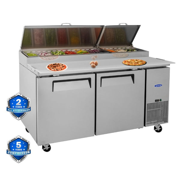 English Elm Orikool 67 Inch Refrigerated Pizza Prep Table with Butcher Block Top and Cold Rail W2095126126