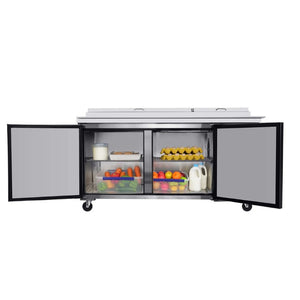 English Elm Orikool 67 Inch Refrigerated Pizza Prep Table with Butcher Block Top and Cold Rail W2095126126