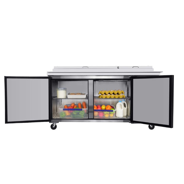 English Elm Orikool 67 Inch Refrigerated Pizza Prep Table with Butcher Block Top and Cold Rail W2095126126