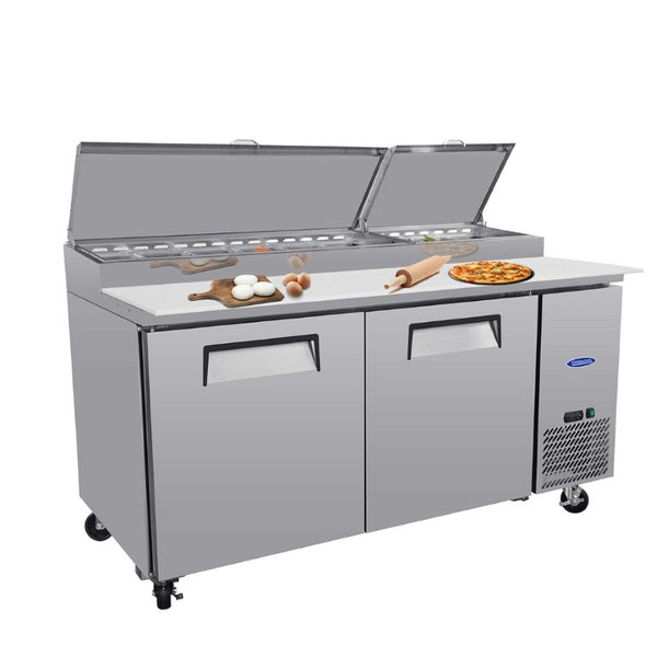 English Elm Orikool 67 Inch Refrigerated Pizza Prep Table with Butcher Block Top and Cold Rail W2095126126