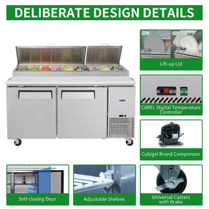 English Elm Orikool 67 Inch Refrigerated Pizza Prep Table with Butcher Block Top and Cold Rail W2095126126