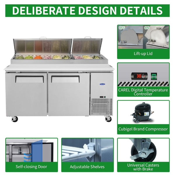 English Elm Orikool 67 Inch Refrigerated Pizza Prep Table with Butcher Block Top and Cold Rail W2095126126