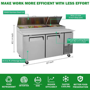 English Elm Orikool 67 Inch Refrigerated Pizza Prep Table with Butcher Block Top and Cold Rail W2095126126