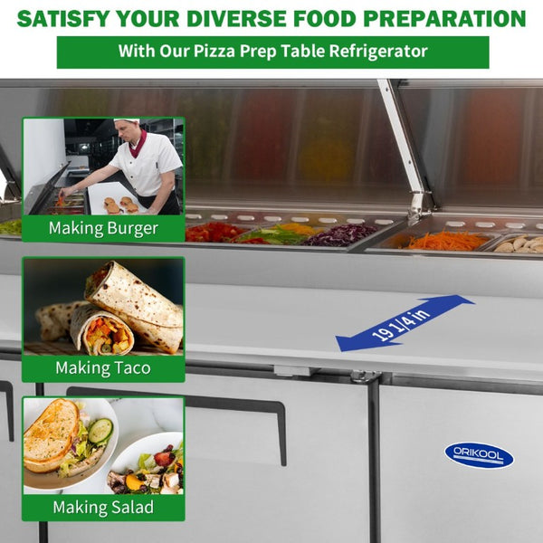 English Elm Orikool 67 Inch Refrigerated Pizza Prep Table with Butcher Block Top and Cold Rail W2095126126