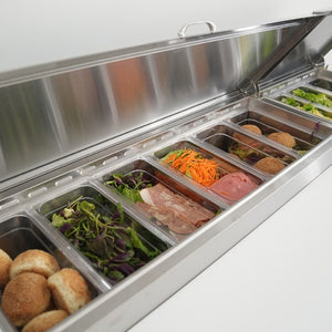 English Elm Orikool 67 Inch Refrigerated Pizza Prep Table with Butcher Block Top and Cold Rail W2095126126