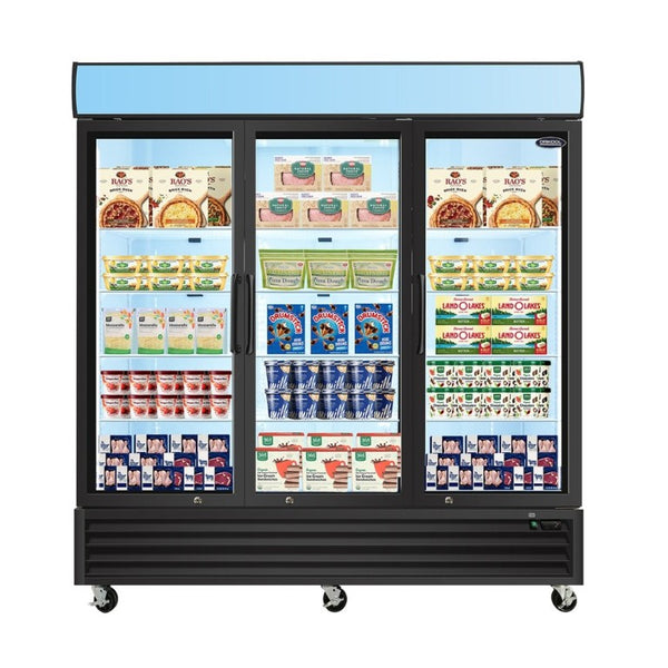 English Elm Orikool 70 Cu Ft Commercial Glass Door Reach in Freezer with LED Interior Lighting W2095126615