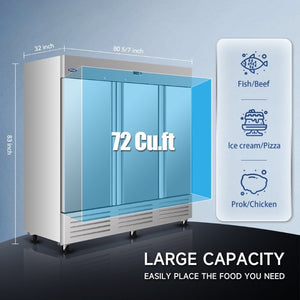 English Elm 81 Inch Stainless Steel Commercial Reach-In Freezer 72 Cu Ft ETL Approved Storage 3 Door W2095P368733