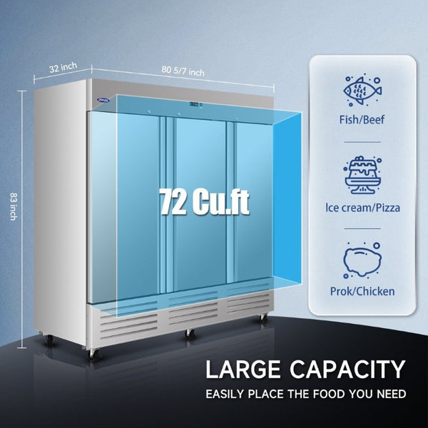 English Elm 81 Inch Stainless Steel Commercial Reach-In Freezer 72 Cu Ft ETL Approved Storage 3 Door W2095P368733