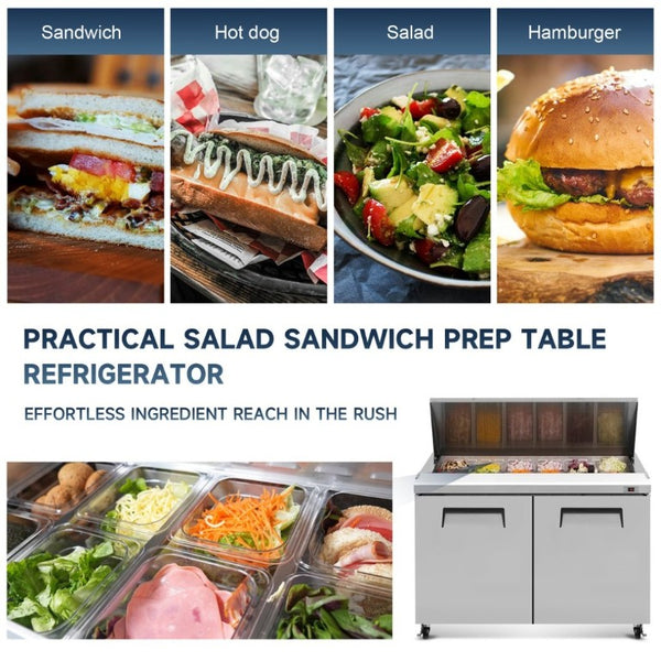 English Elm 48 Inch Commercial Sandwich Salad Prep Table with Butcher Block and Refrigerated Storage W2095P436602