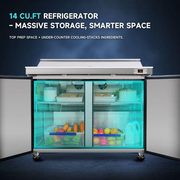 English Elm 48 Inch Commercial Sandwich Salad Prep Table with Butcher Block and Refrigerated Storage W2095P436602